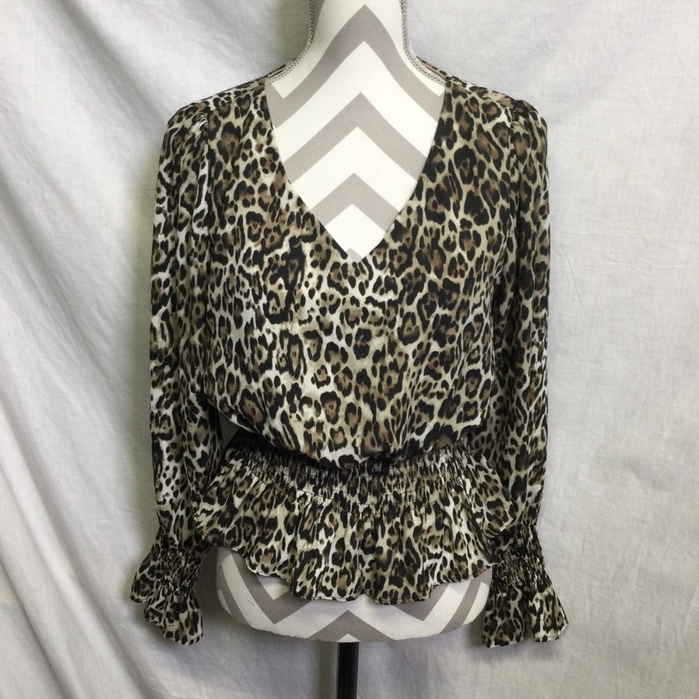 Shinestar Leopard Print Women's Long Sleeves Blouse, Sz L